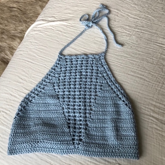 UNIF x Urban Outfitters UO Crochet Blue High Neck Tie Halter Knit Crop Top L - Picture 3 of 5